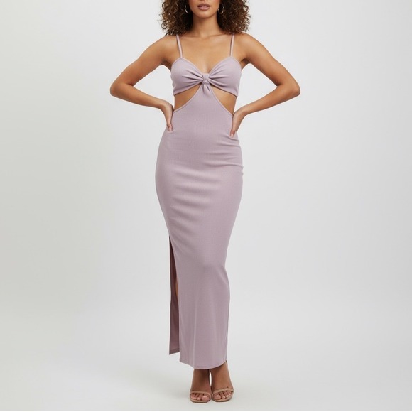 FORE Lilac Cutout Midi Dress, Ribbed Bodycon Dress, Sleeveless XS - Picture 1 of 11